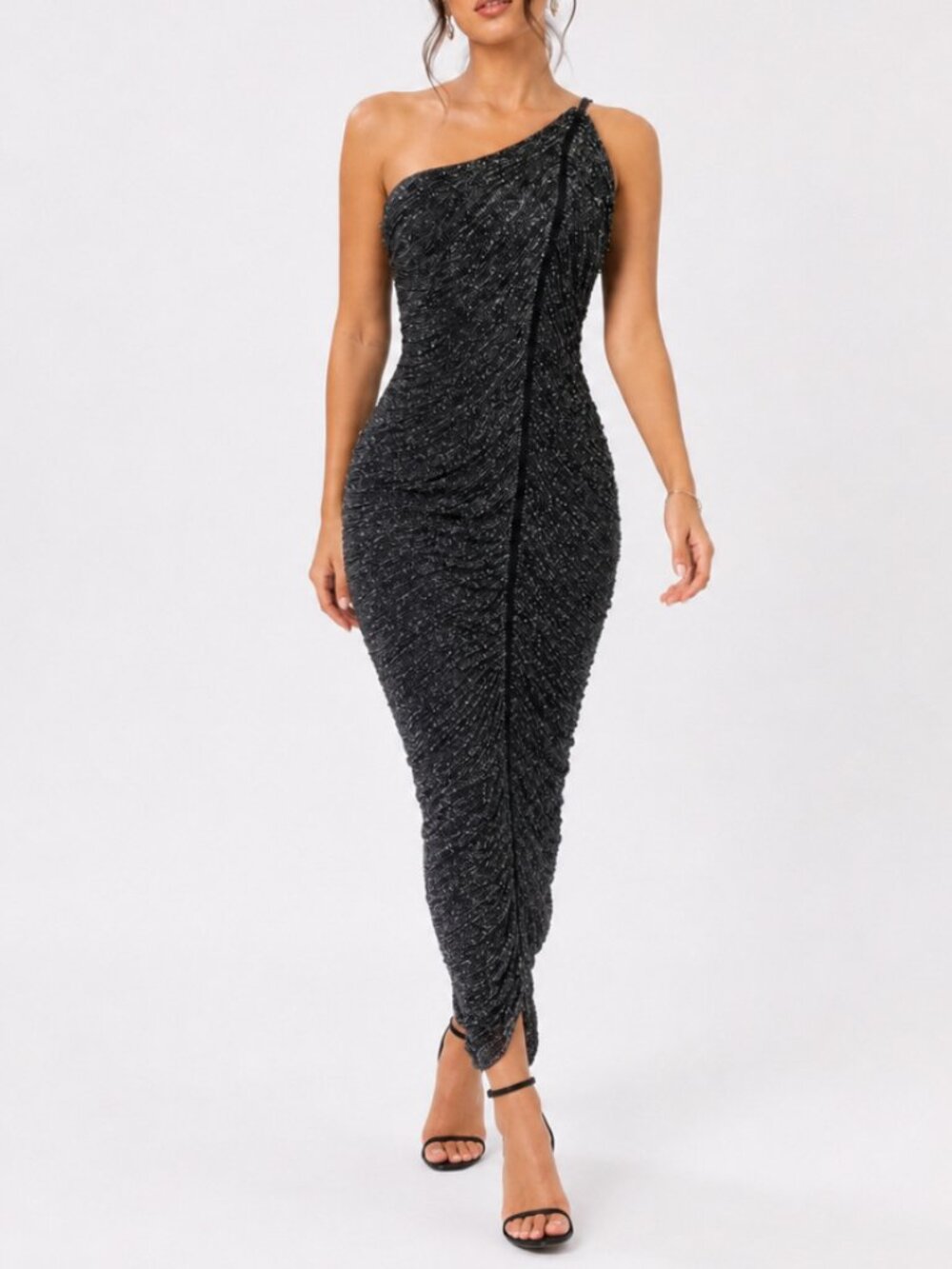 Glitter Metallic One Shoulder Fringe Bandage Maxi Dress Party Gown